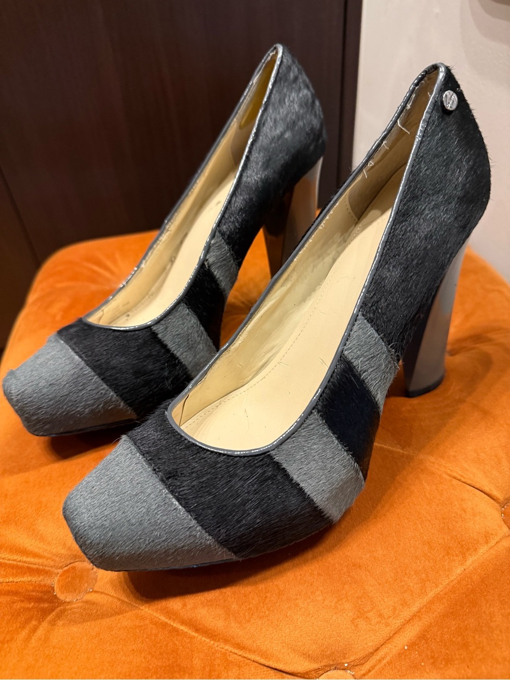 Calvin Klein Black and Gray Striped Platform Pumps